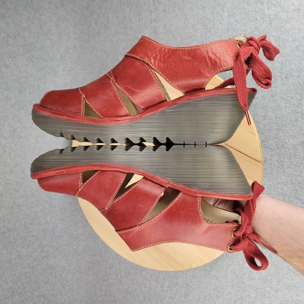 Fly London Yown Red Leather Lace Up Peep‎ Toe Wedge Sandals Portugal 42 US 11.5